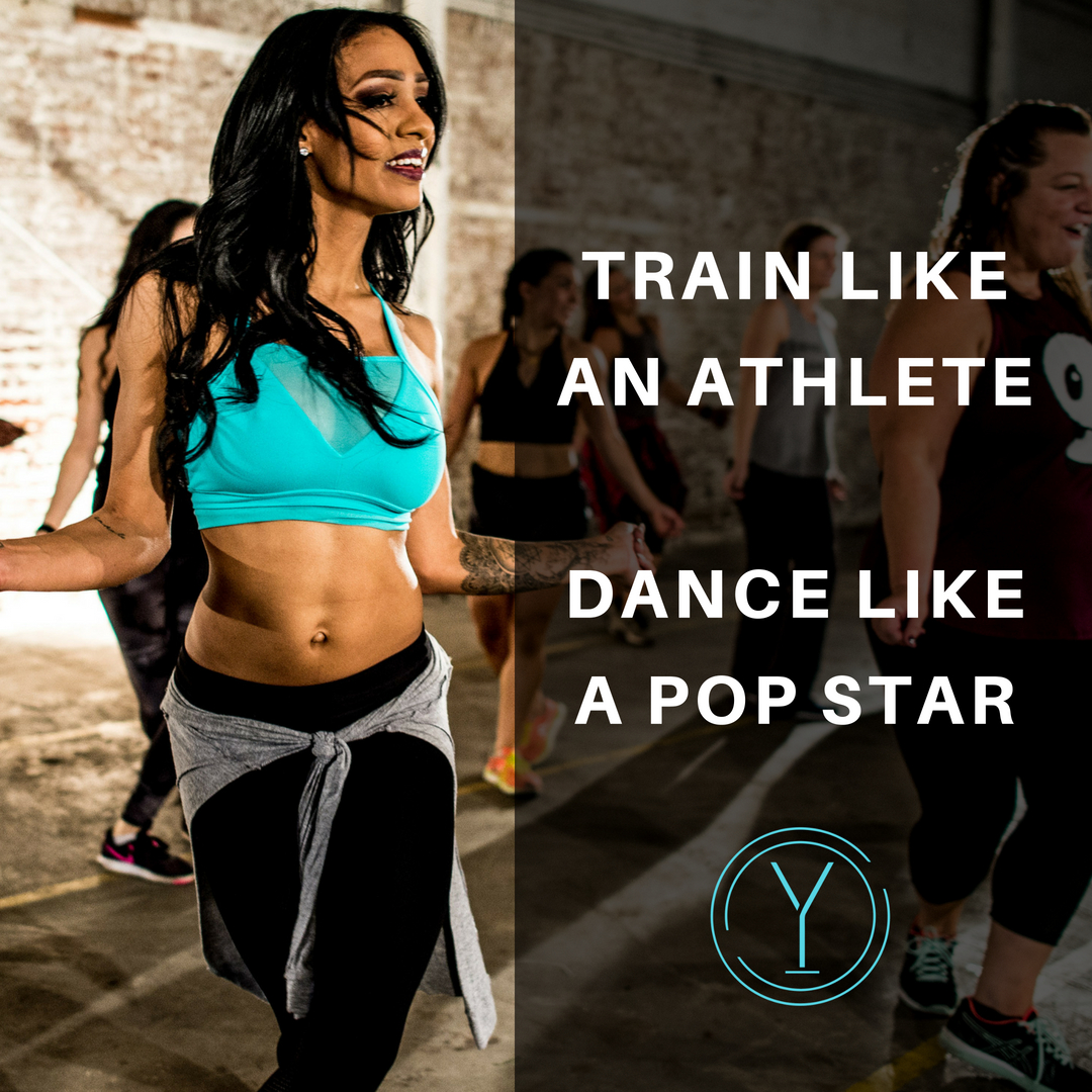 Picture of a girl performing PlyoJam Dance fitness with the words Train Like An Athlete and Dance Like a Pop Star